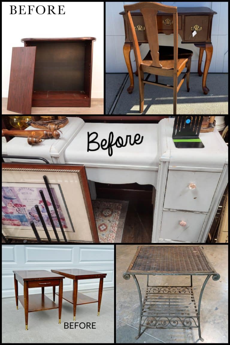 a collage of five furniture projects before their makeover