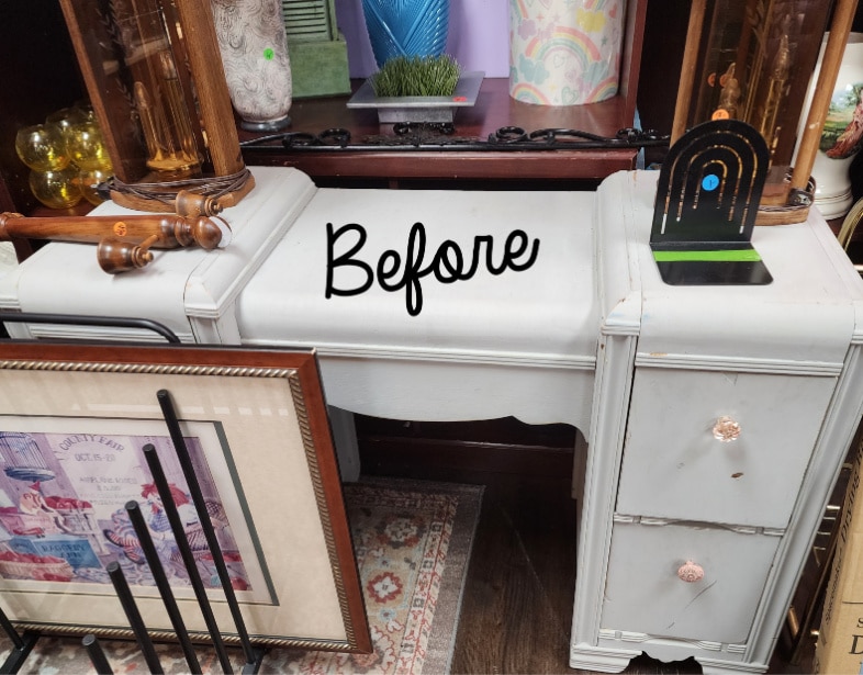 gray art deo vanity at a thrift sore