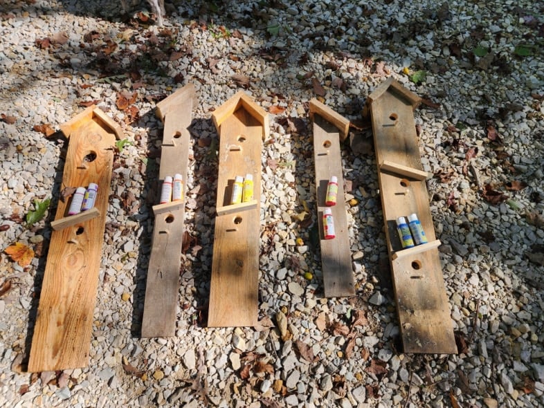 birdhouse garden decor boards with paint bottles