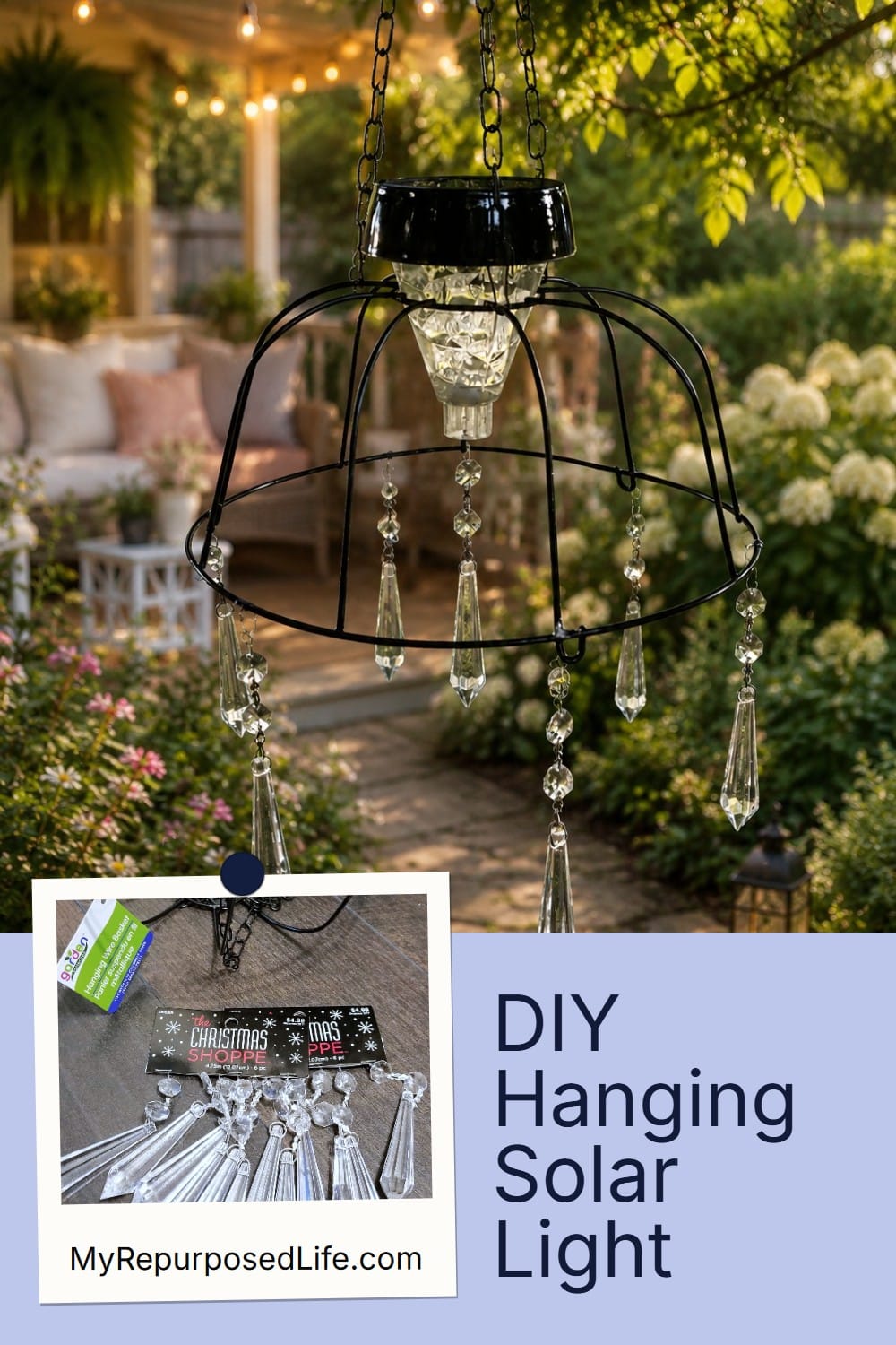 This easy to make basket solar light feature will illuminate your patio and and the glass prisms will add shimmer! quick project! #MyRepurposedLife #easy #dollarstore #project #dollarstoredesignsquad via @repurposedlife