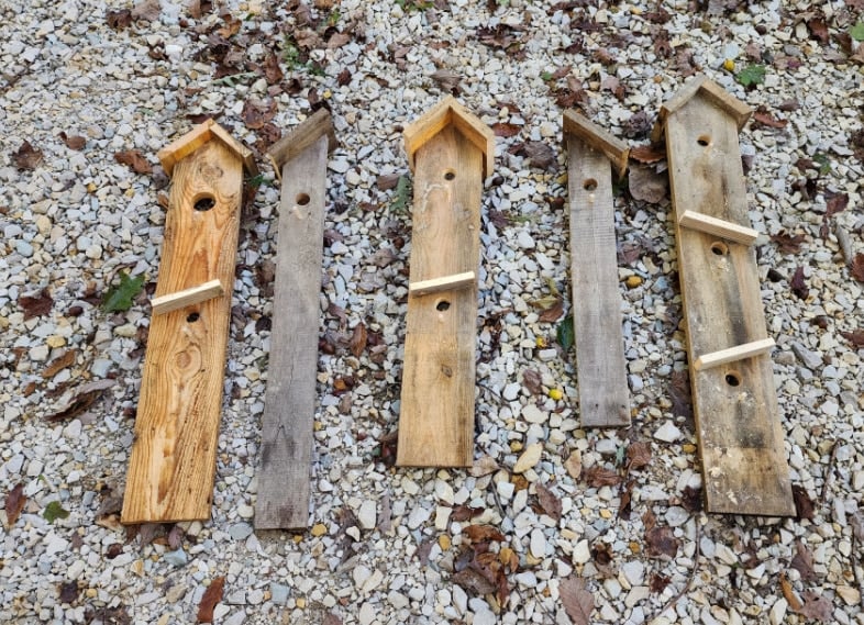 birdhouse boards arranged on a gravel drive