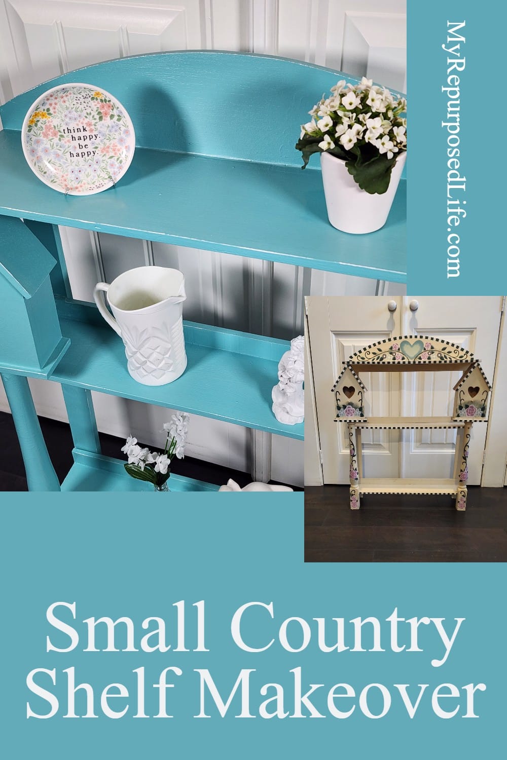 A small country style shelf gets a makeover with paint and an easy distressing technique. Tips for prepping thrift store furniture before refurbishing. via @repurposedlife