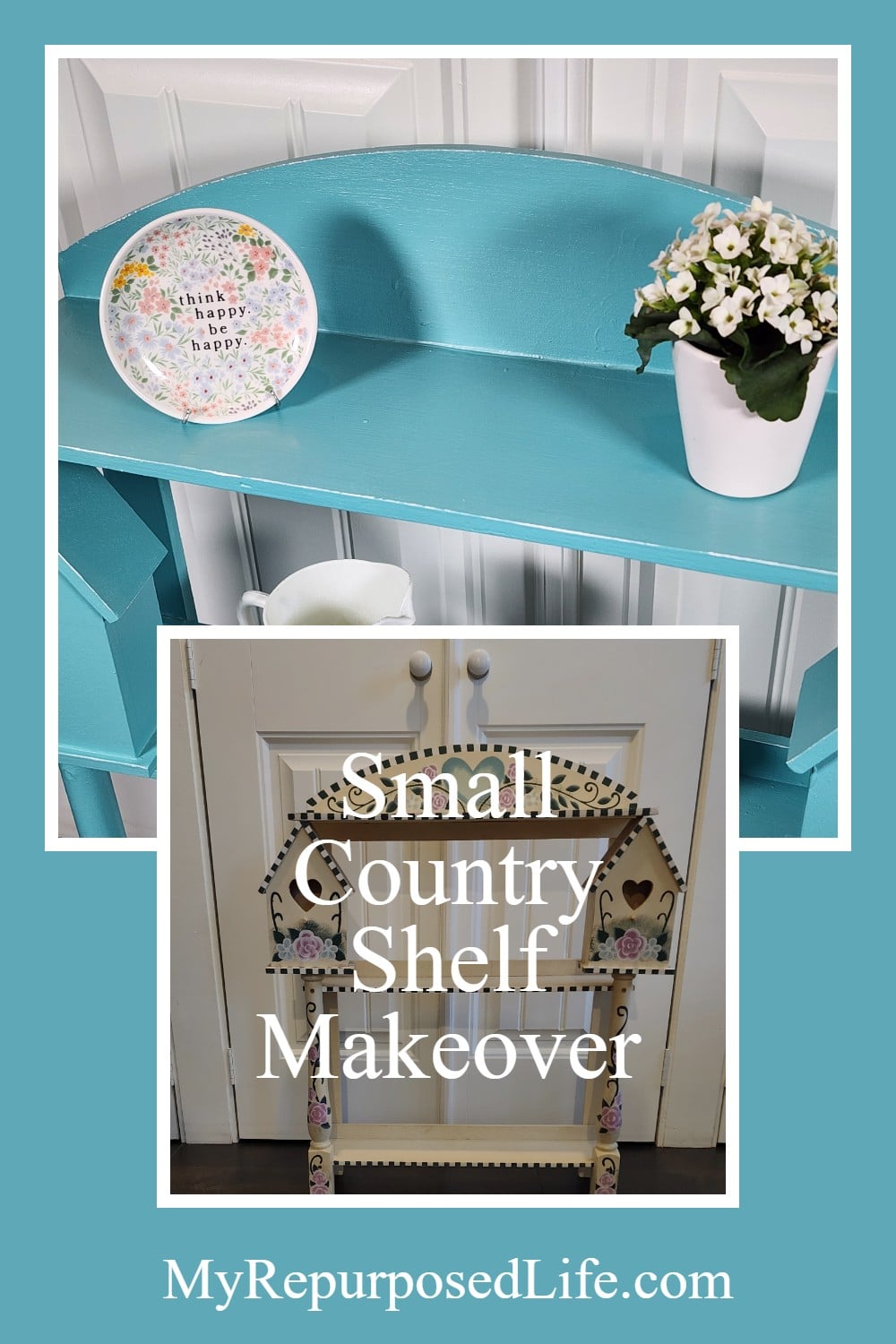 A small country style shelf gets a makeover with paint and an easy distressing technique. Tips for prepping thrift store furniture before refurbishing. via @repurposedlife