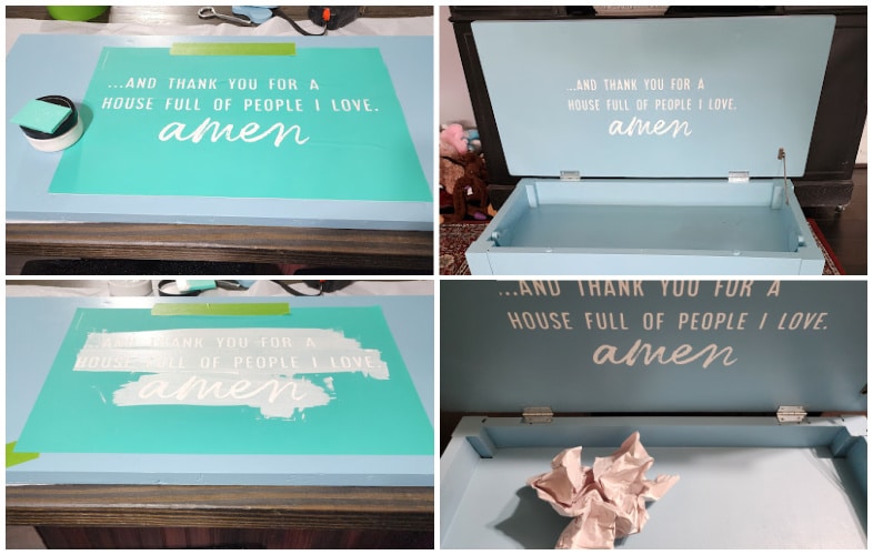 collage showing steps to add a screen print stencil to piano bench lid
