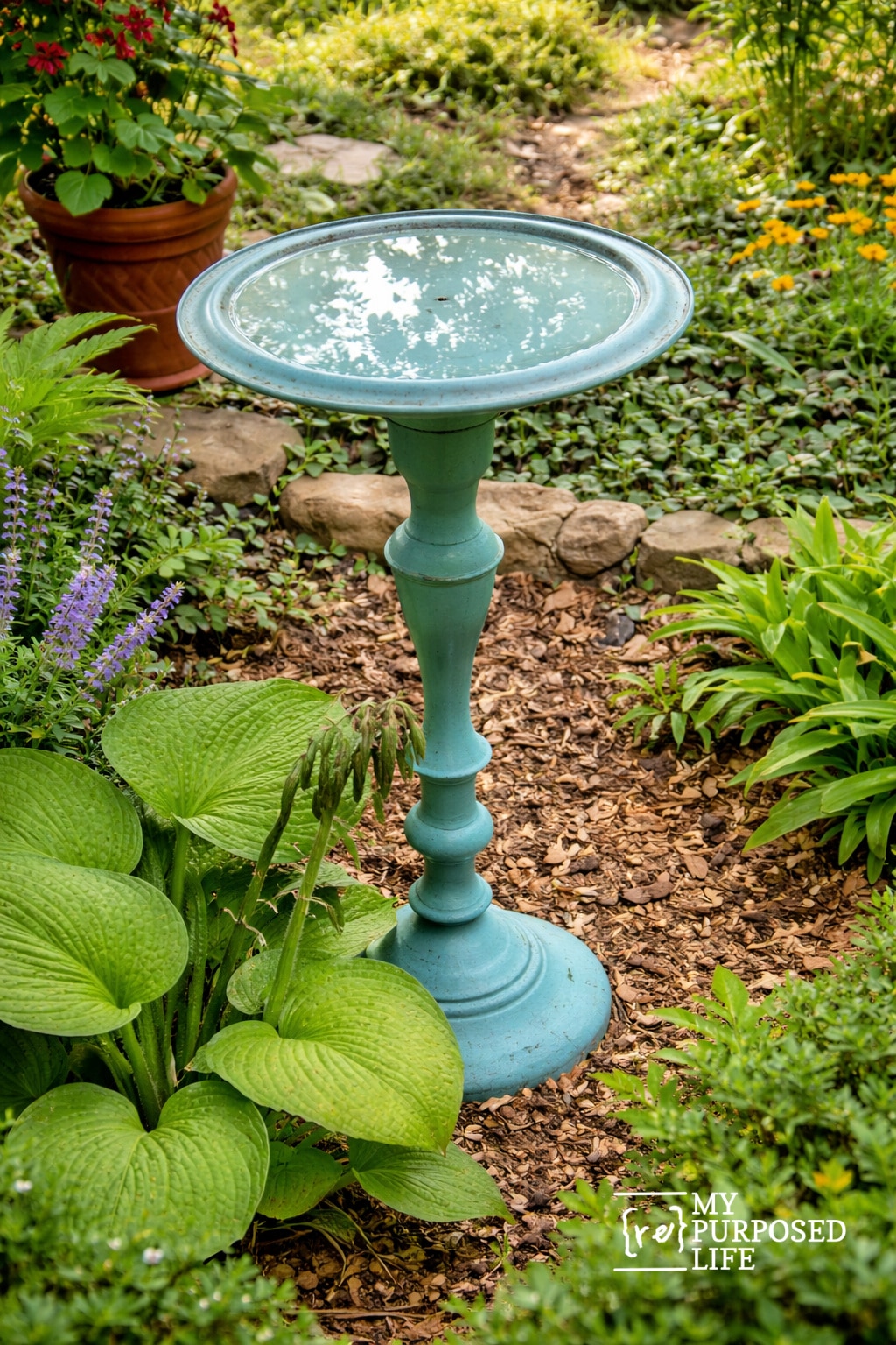 aqua patina diy bridbath made from a candlestick