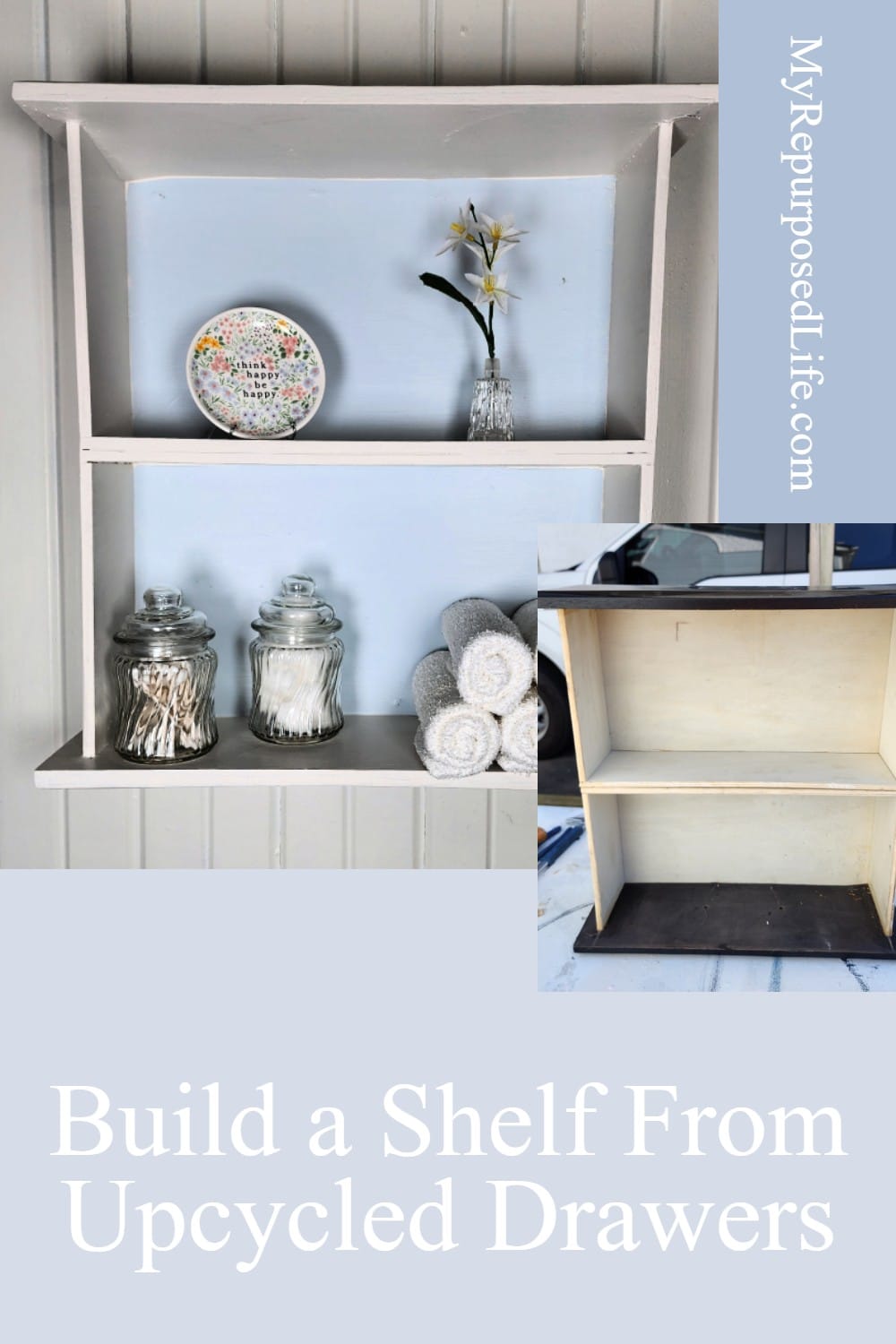 Upcycled Drawers | Hanging Wall Shelf via @repurposedlife