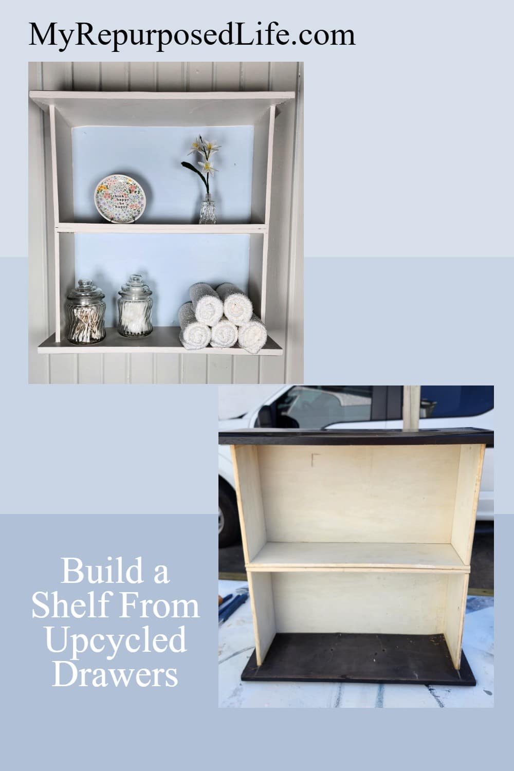Upcycled Drawers | Hanging Wall Shelf via @repurposedlife