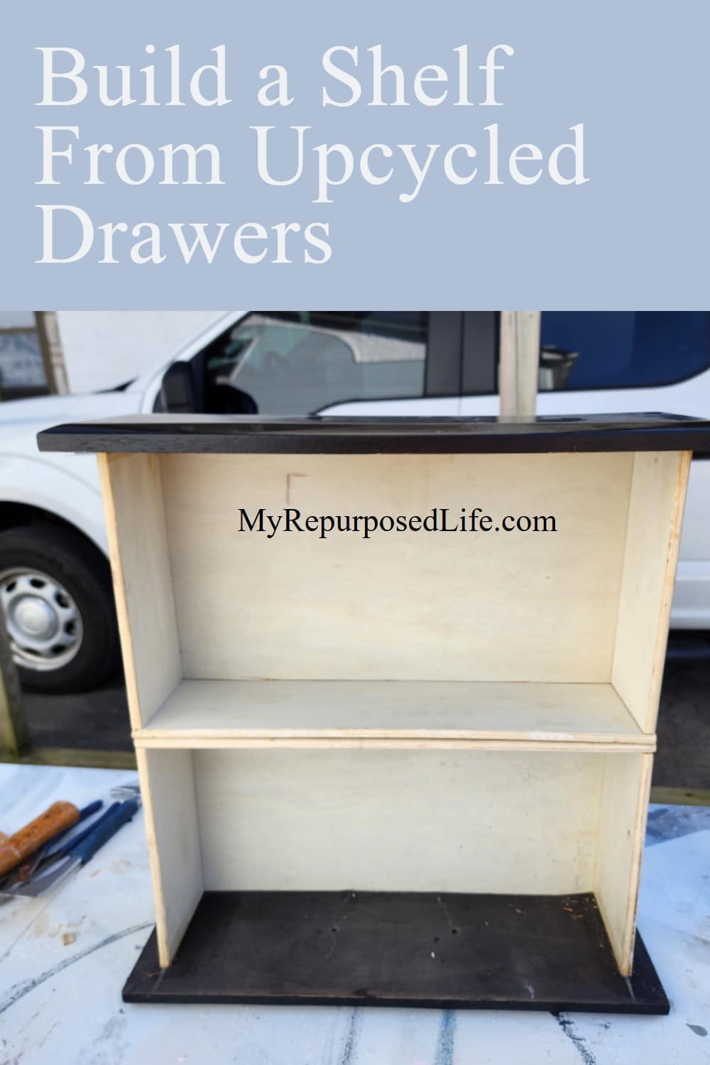 Upcycled Drawers | Hanging Wall Shelf via @repurposedlife