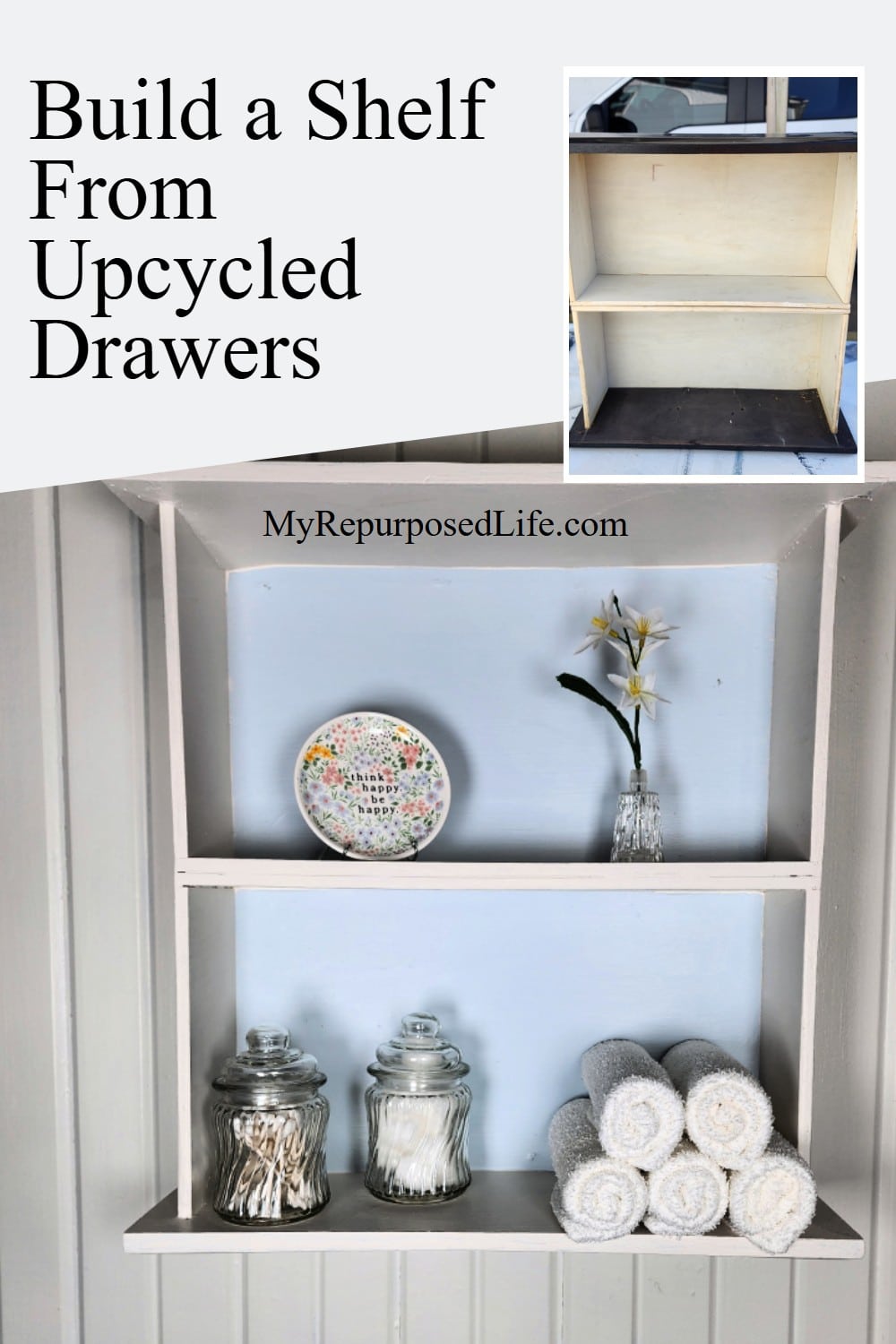 Upcycled Drawers | Hanging Wall Shelf via @repurposedlife