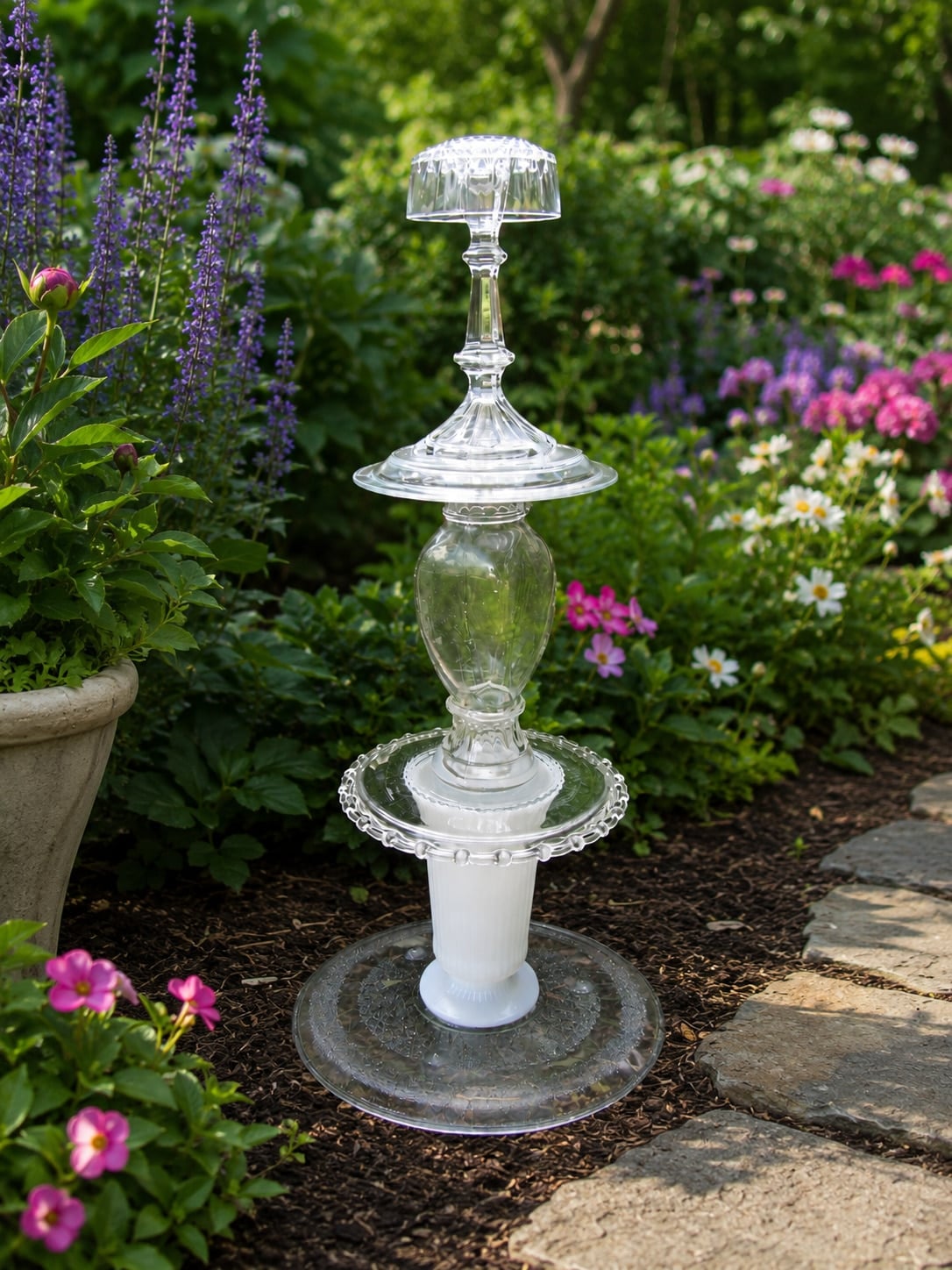 clear and white garden totem resembling a lamp