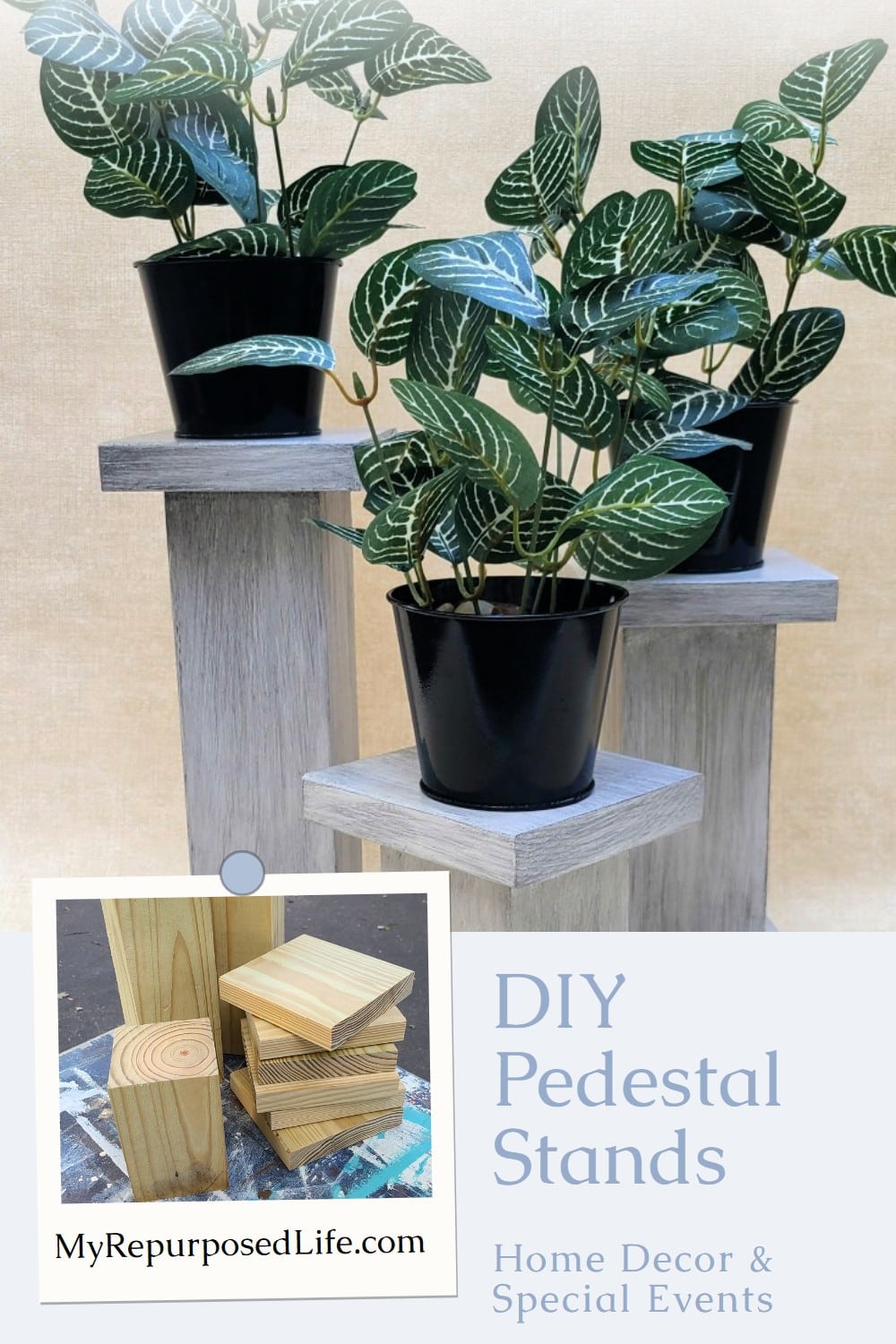 How to make three different versions of chunky pedestals for plants, candles holiday decor and more. Complete instructions to DIY it! Three versions, three paint techniques. You decide which you like best and hit up your scrap wood pile! #MyRepurposedLife #repurposed #reclaimed #pedestal #plantstand #candleholder #homedecor #holiday #decor via @repurposedlife