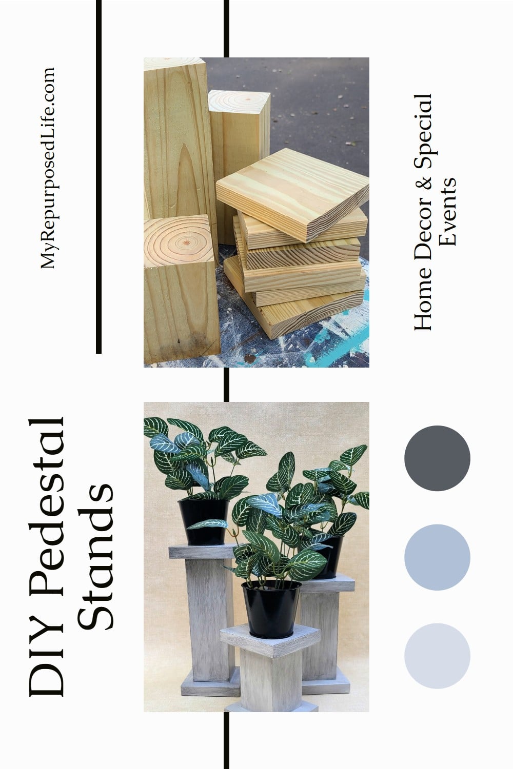 How to make three different versions of chunky pedestals for plants, candles holiday decor and more. Complete instructions to DIY it! Three versions, three paint techniques. You decide which you like best and hit up your scrap wood pile! #MyRepurposedLife #repurposed #reclaimed #pedestal #plantstand #candleholder #homedecor #holiday #decor via @repurposedlife