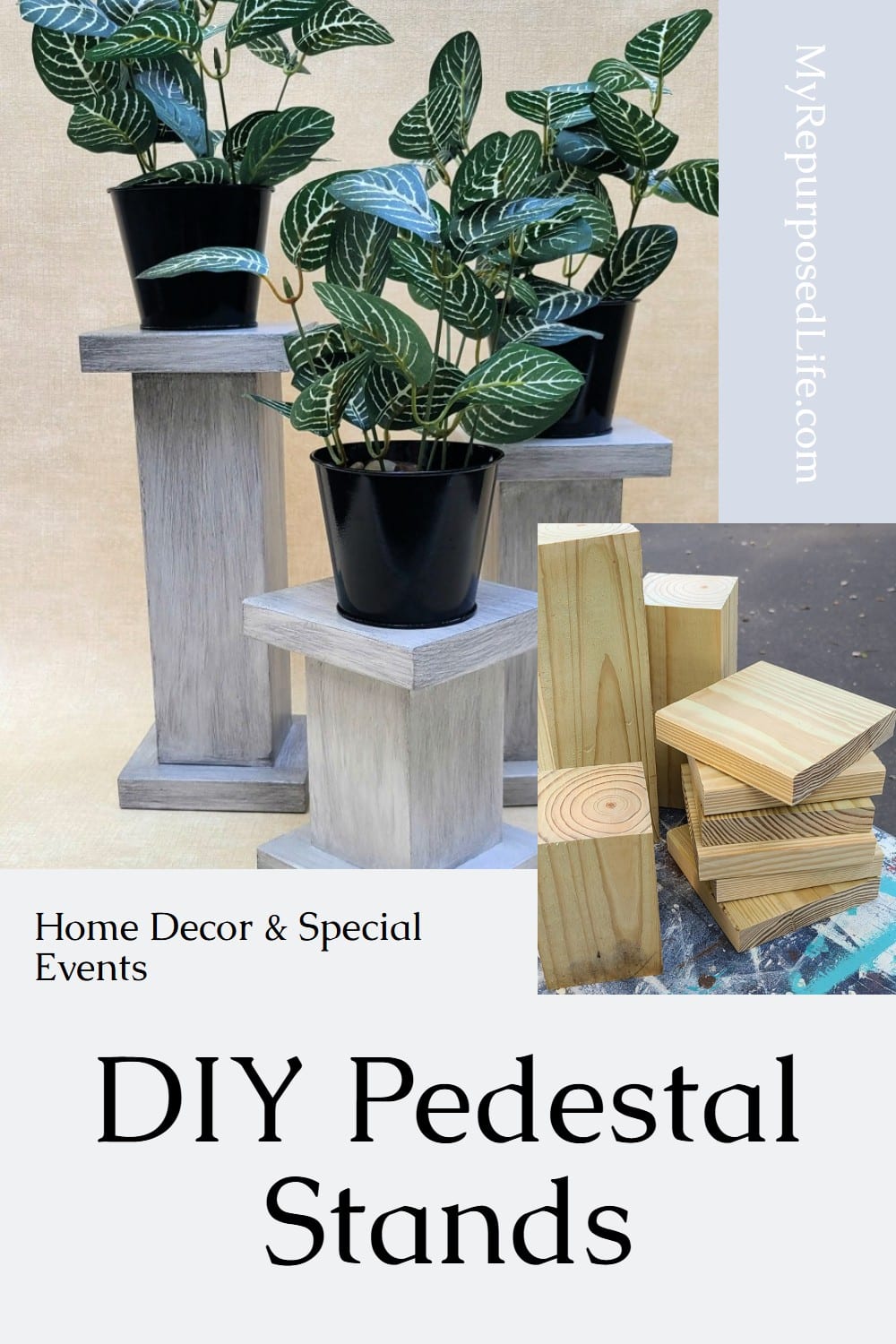 How to make three different versions of chunky pedestals for plants, candles holiday decor and more. Complete instructions to DIY it! Three versions, three paint techniques. You decide which you like best and hit up your scrap wood pile! #MyRepurposedLife #repurposed #reclaimed #pedestal #plantstand #candleholder #homedecor #holiday #decor via @repurposedlife