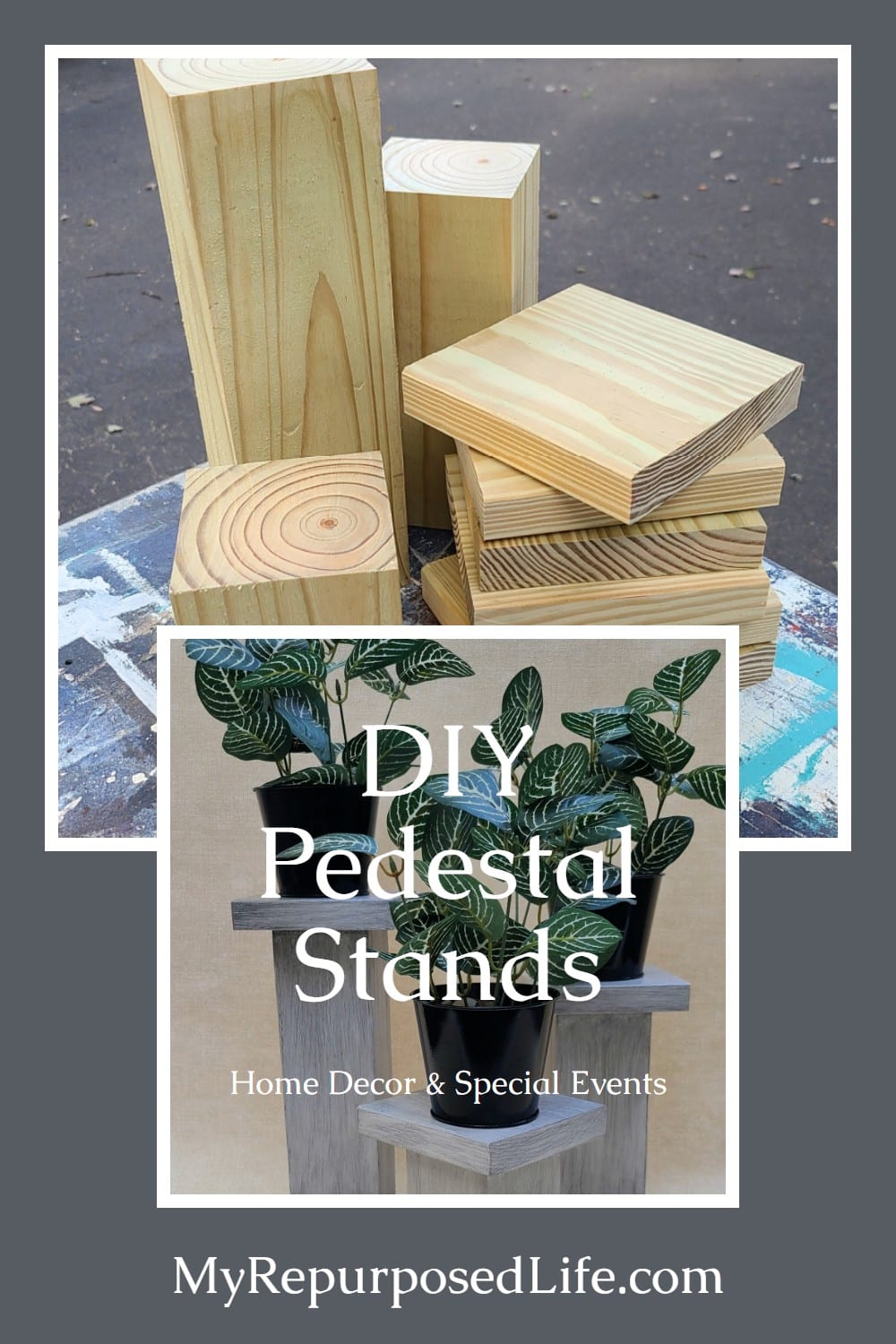 How to make three different versions of chunky pedestals for plants, candles holiday decor and more. Complete instructions to DIY it! Three versions, three paint techniques. You decide which you like best and hit up your scrap wood pile! #MyRepurposedLife #repurposed #reclaimed #pedestal #plantstand #candleholder #homedecor #holiday #decor via @repurposedlife