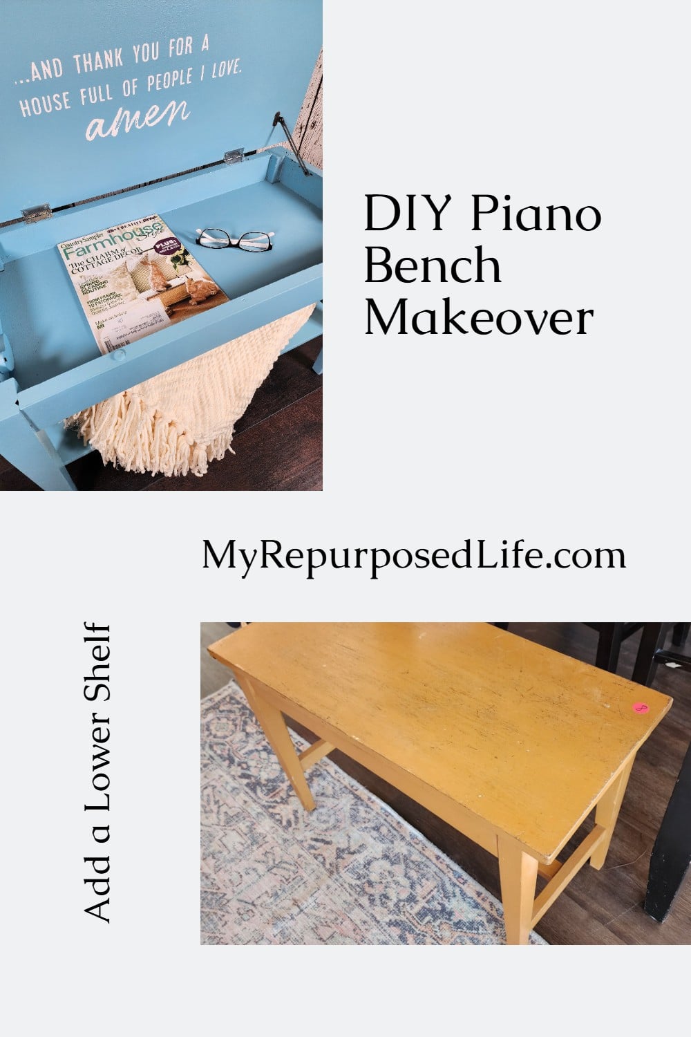 This painted piano bench makeover includes a clever lower shelf addition—perfect for storage or display. A simple, budget-friendly furniture transformation! via @repurposedlife