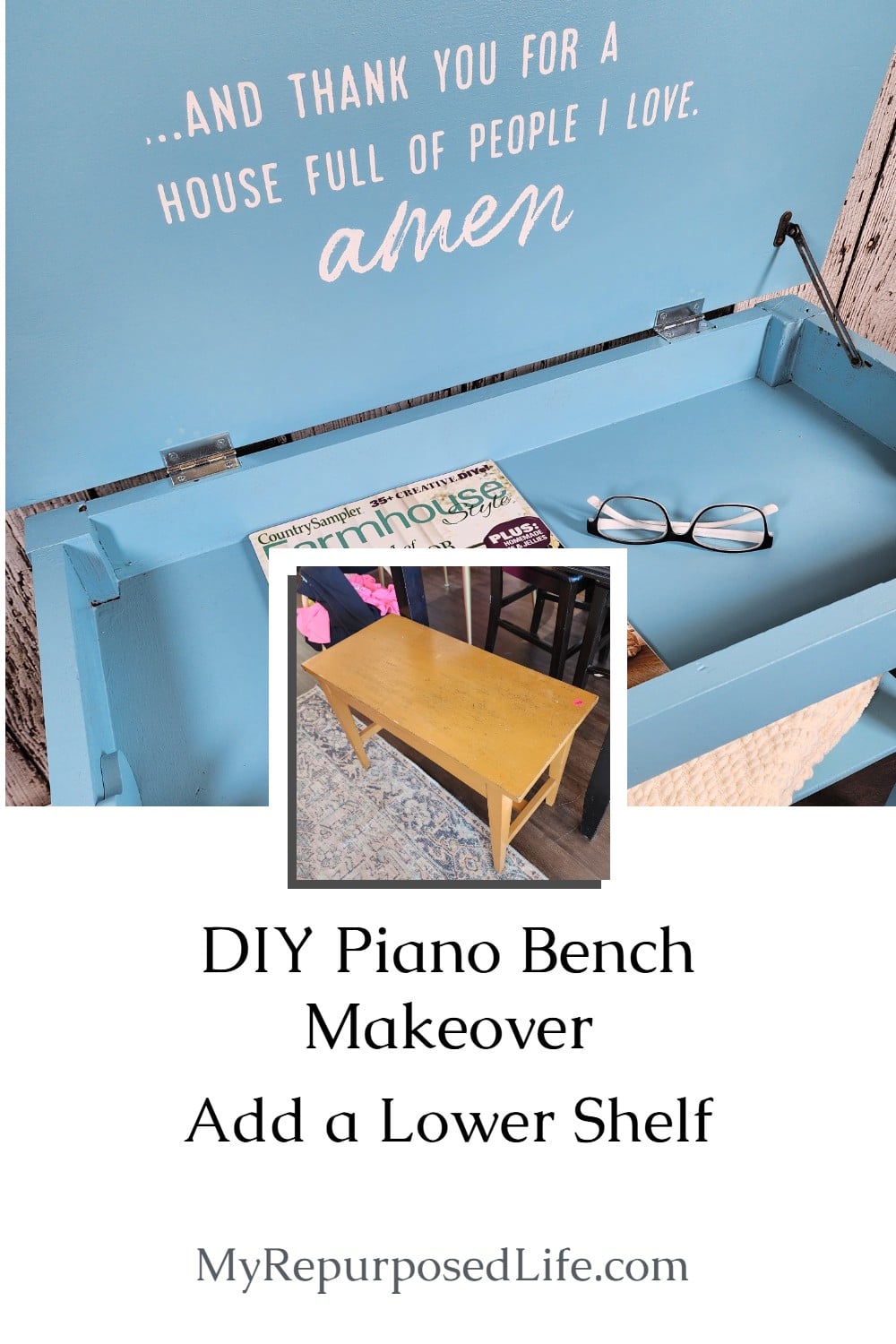 This painted piano bench makeover includes a clever lower shelf addition—perfect for storage or display. A simple, budget-friendly furniture transformation! via @repurposedlife