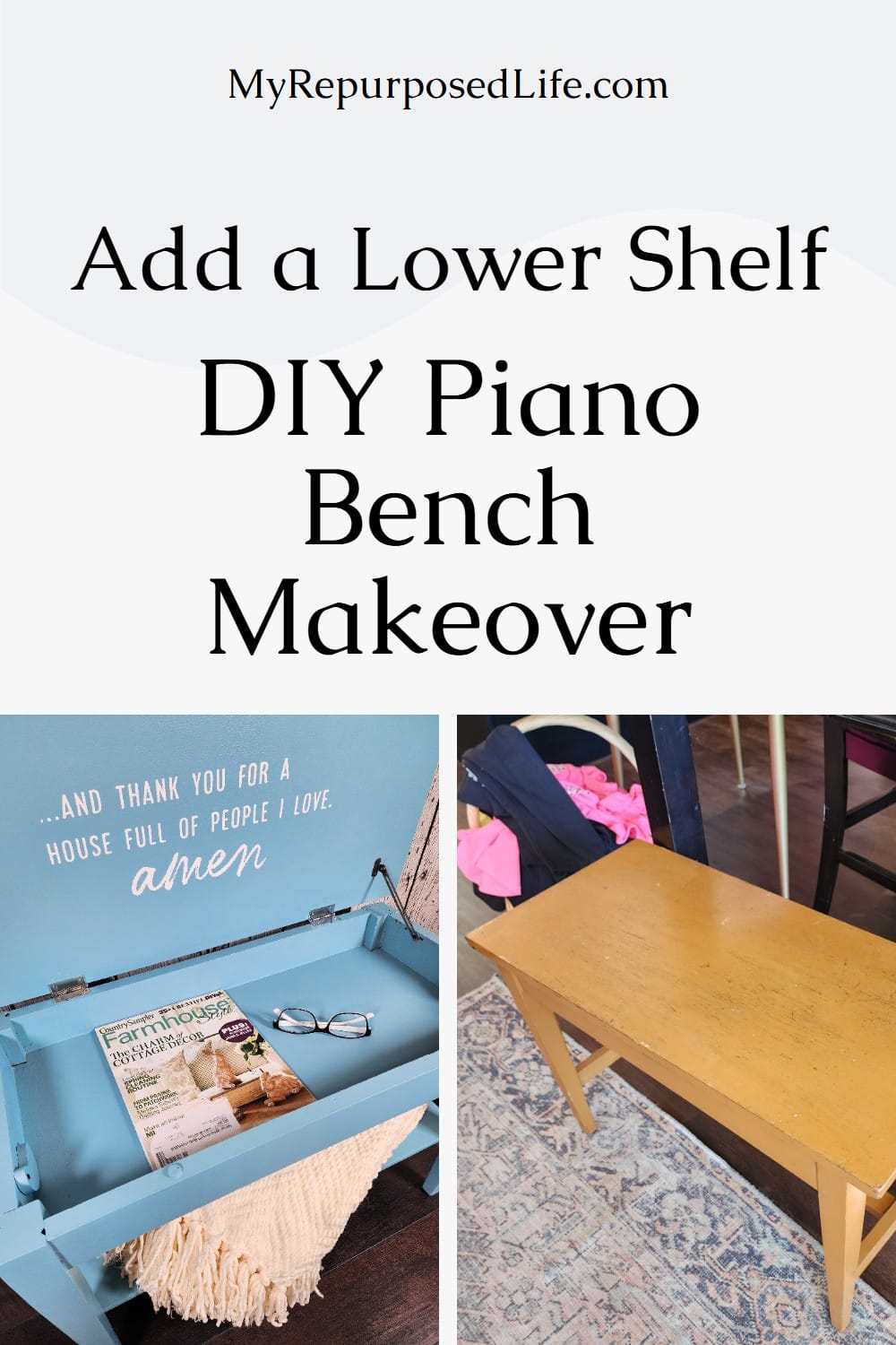 This painted piano bench makeover includes a clever lower shelf addition—perfect for storage or display. A simple, budget-friendly furniture transformation! via @repurposedlife