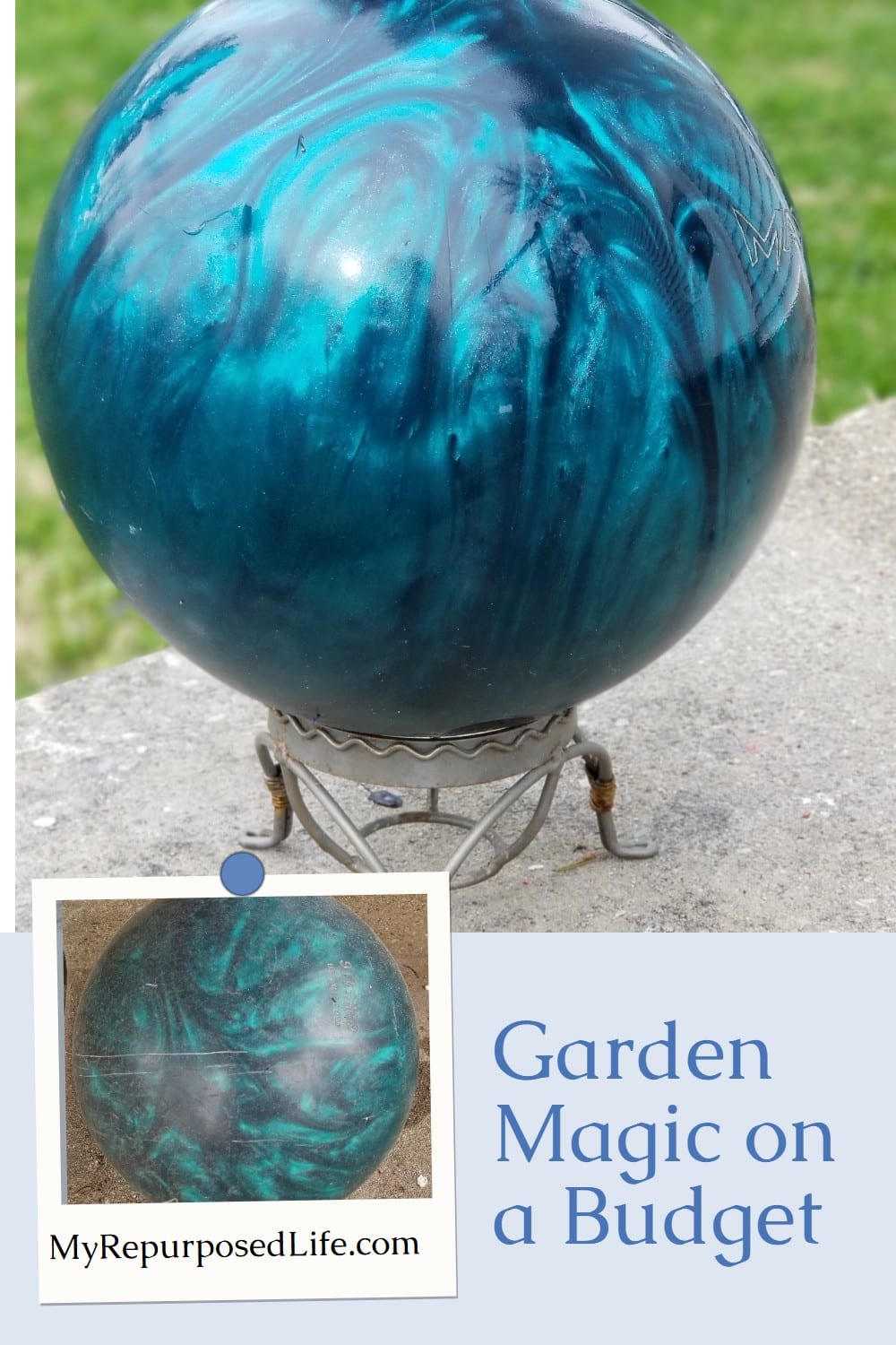 How to make a diy gazing ball using an old bowling ball. Maybe you have one in the closet? Bring it out, shine it up and put it in your garden! #MyRepurposedLife #repurposed #upcycle #bowlingball #garden #diy #gazingball via @repurposedlife