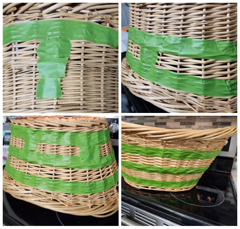 collage of 4 images showing how to tape a project for painting stripes