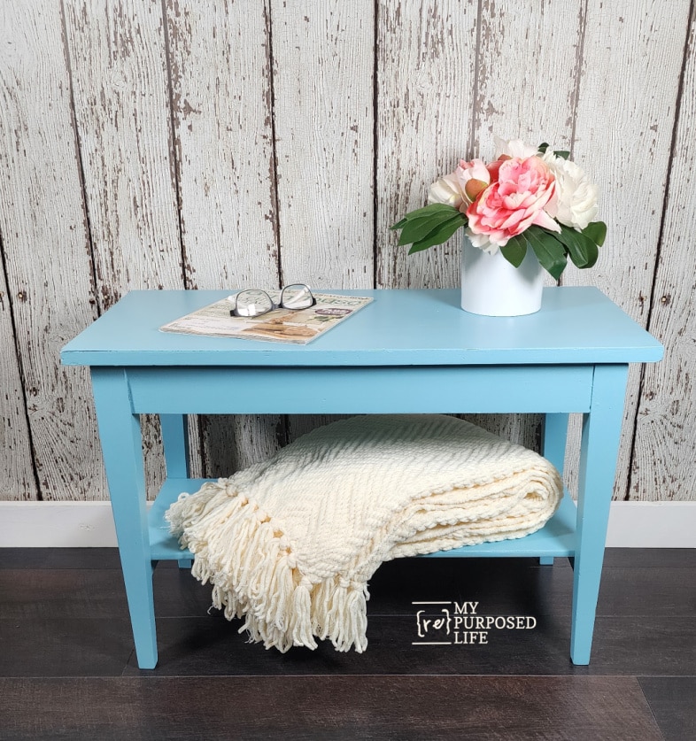DIY piano bench makeover with shelf
