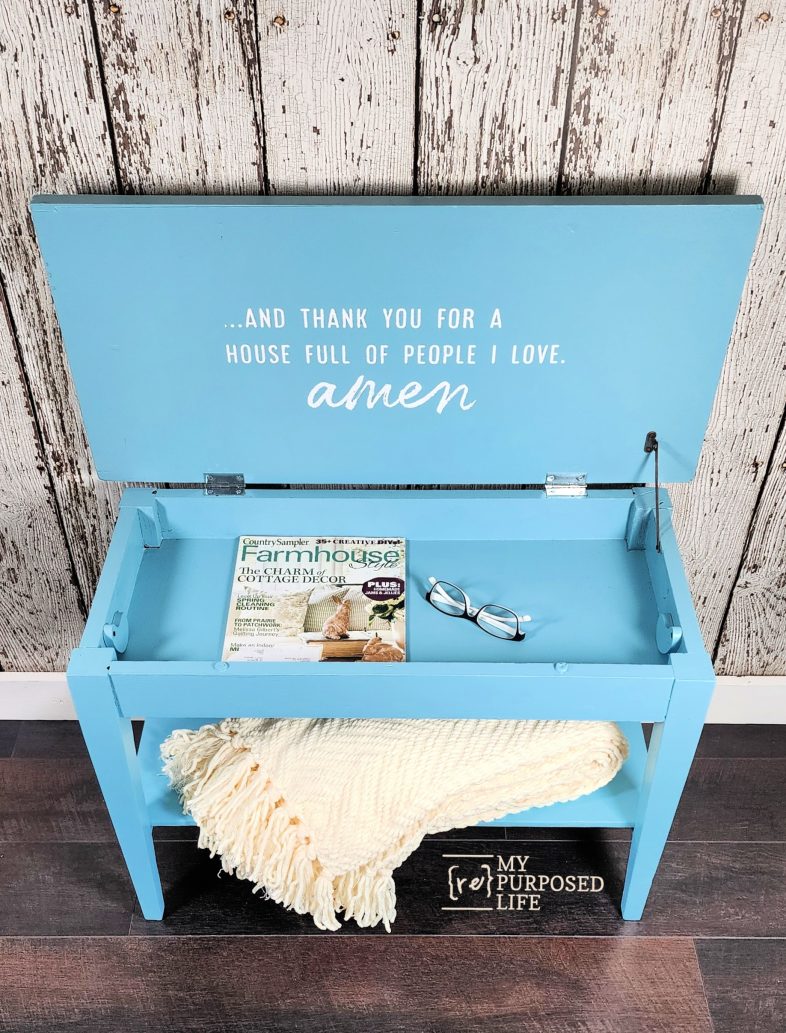 open blue piano bench with phrase and thank you for a house full of people I love amen