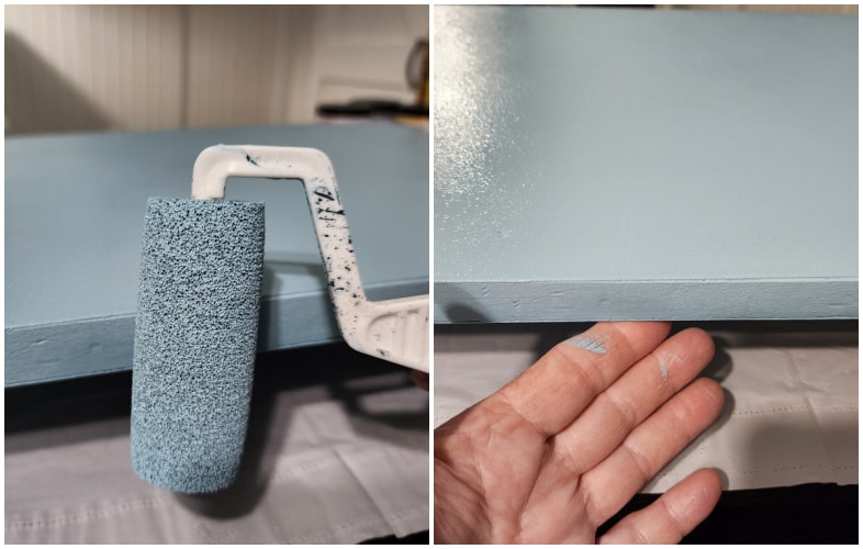 roller painting, hand wiping off underside of lid