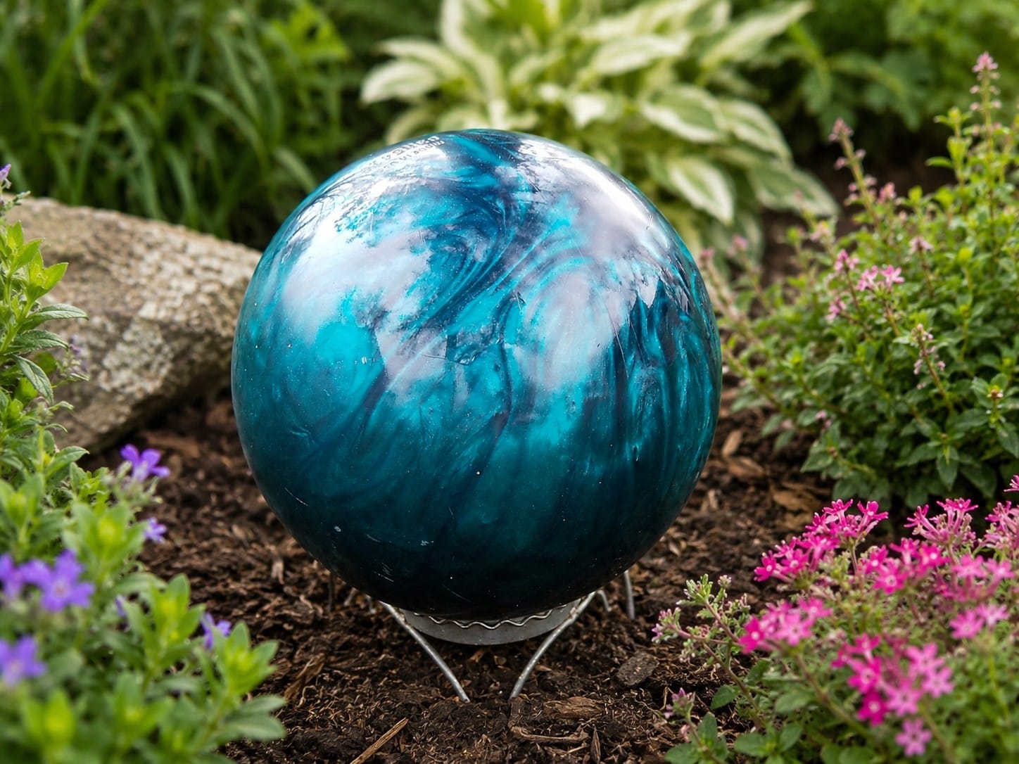 pretty gazing ball made from a bowling ball