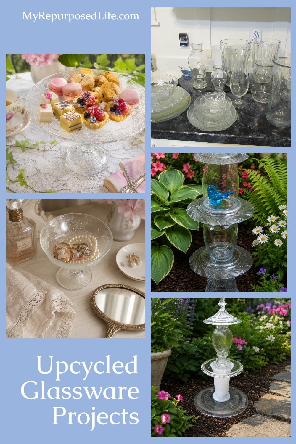 Collecting glassware can be addictive! But, it's a lot of fun and can be very rewarding when you have a lot of unique pieces to choose from when you make your repurposed glass totems. It really is a great way to upcycle all those glass vases you may already have on hand. #MyRepurposedLife #repurposed #glassware #garden #totem #upcycled via @repurposedlife