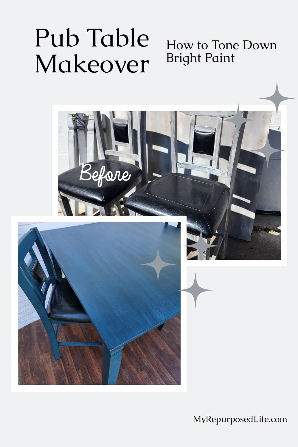 Transform a worn pub table and bar stools with simple repairs and a fresh coat of paint. See the full DIY furniture flip with before-and-after photos and step-by-step tips. via @repurposedlife