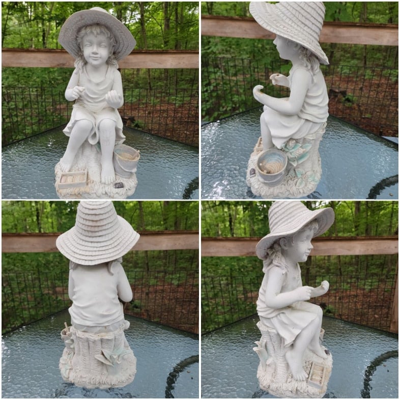 collage of a little girl plaster statue showing all sides