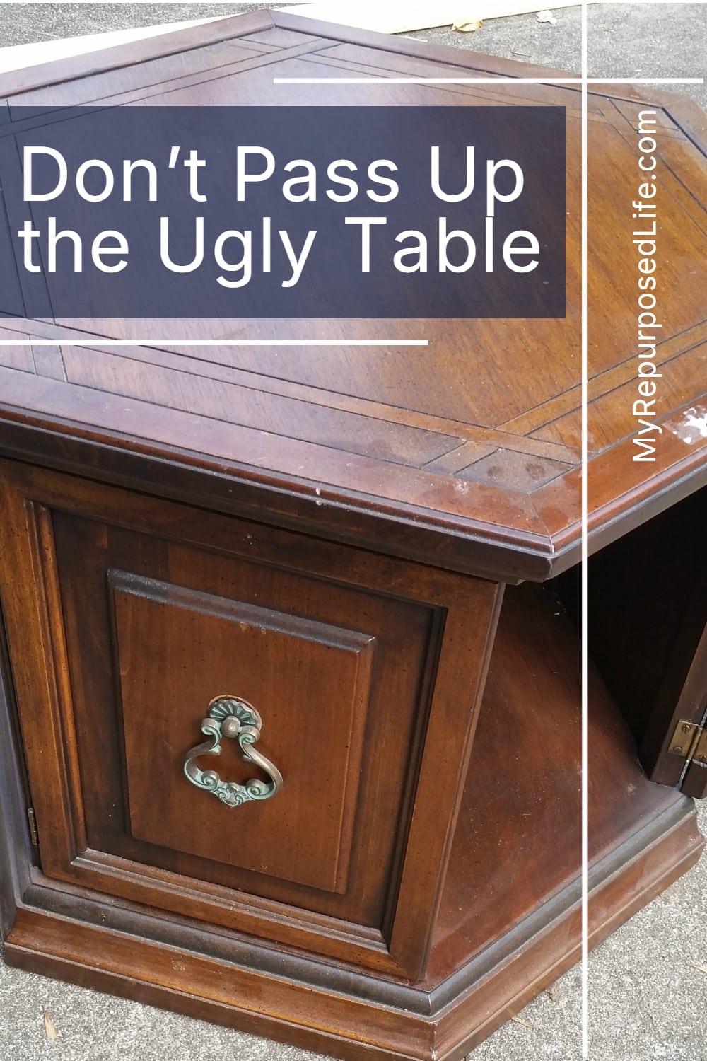 Hexagon Side Table Makeover easy decoupage project! Tips for decoupage, painting, and distressing. You will want to save this to refer back to! #MyRepurposedLife #repurposed #furniture #makeover #tips #tricks #diy #decoupage #distressing #painted via @repurposedlife