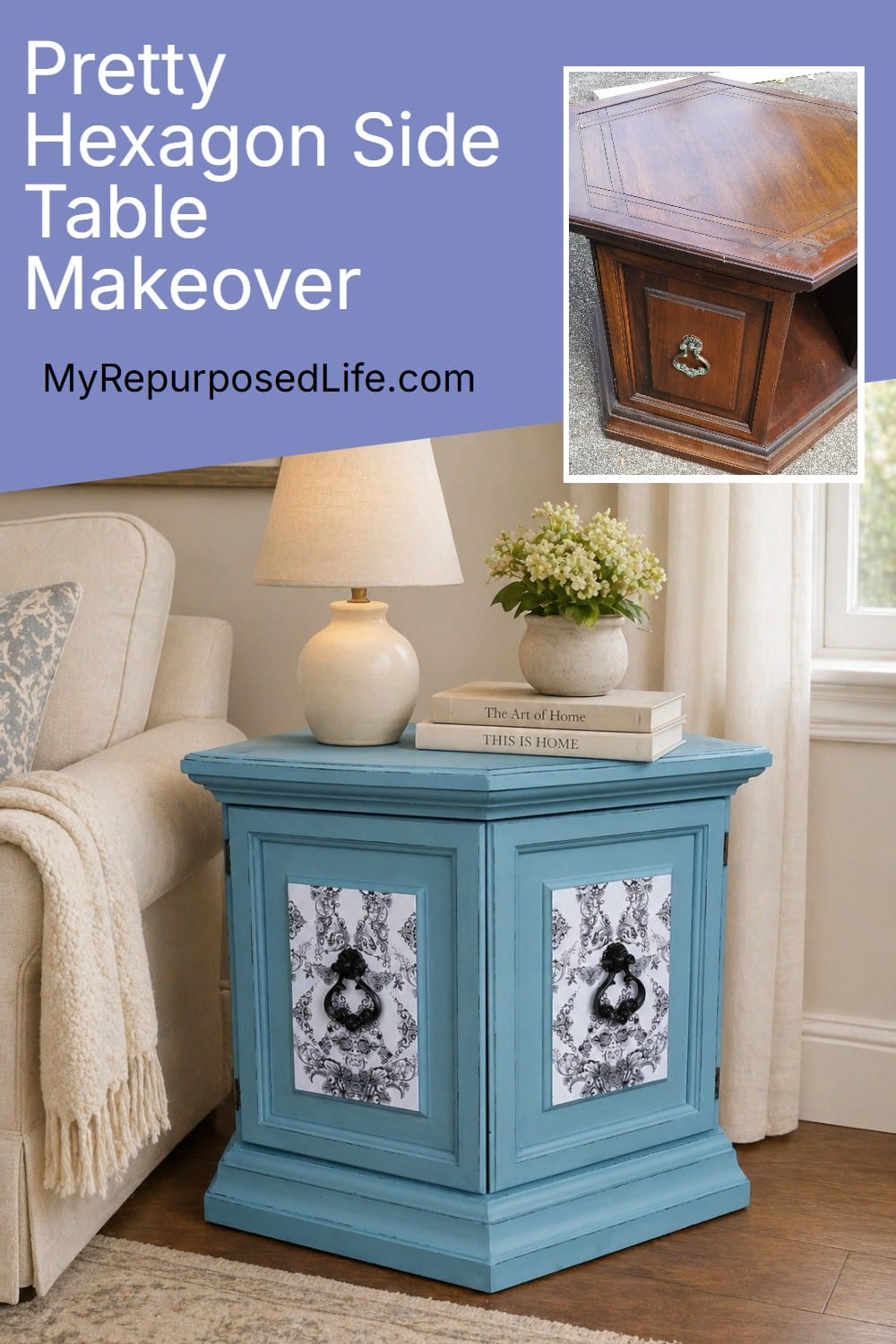 Hexagon Side Table Makeover easy decoupage project! Tips for decoupage, painting, and distressing. You will want to save this to refer back to! #MyRepurposedLife #repurposed #furniture #makeover #tips #tricks #diy #decoupage #distressing #painted via @repurposedlife