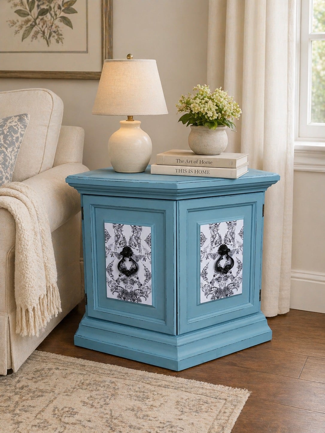pretty blue hexagon side table with black accents