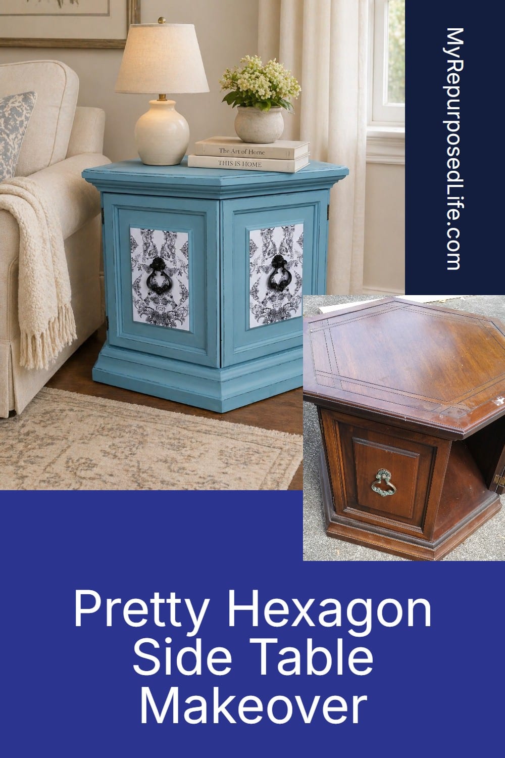 Hexagon Side Table Makeover easy decoupage project! Tips for decoupage, painting, and distressing. You will want to save this to refer back to! #MyRepurposedLife #repurposed #furniture #makeover #tips #tricks #diy #decoupage #distressing #painted via @repurposedlife