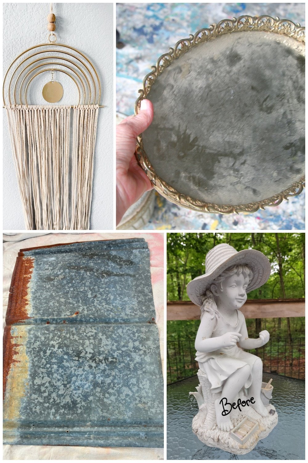 thrift store upcycles: macrame wall hanging, metal tray, barn metal, garden statue