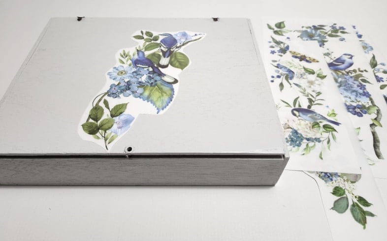 adding a blue and white transfer to top of wooden box
