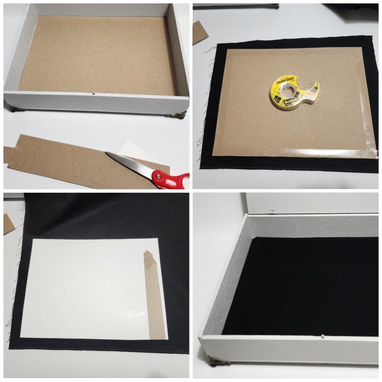 collage showing steps to line the bottom of a keepsake box