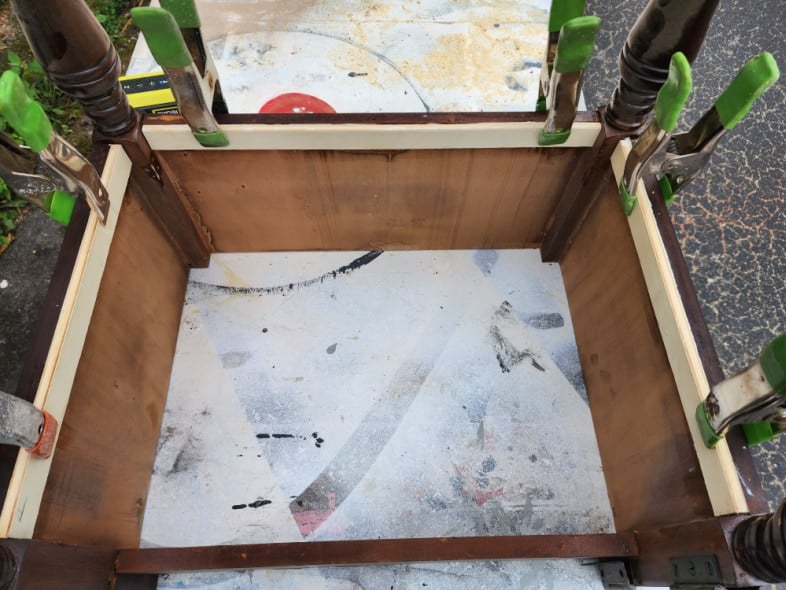 glue and clamp shelf cleats for kitcchen prep station