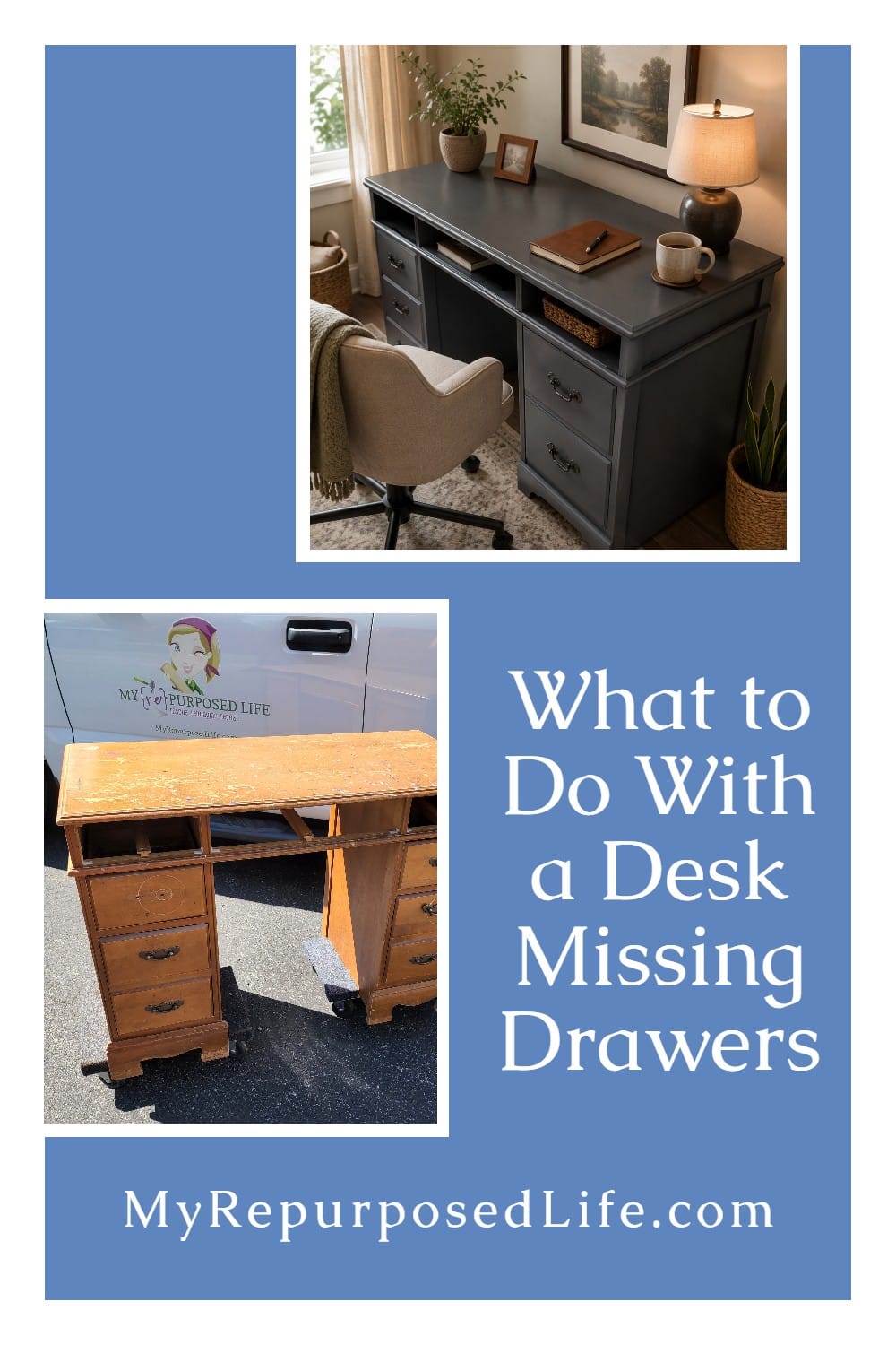 How to makeover a vintage desk with missing drawers. Tips for adding shelves, peek a boo drawers and more. A small desk is perfect for any room in the house. #MyRepurposedLife #desk #makeover #upcycle #missingdrawers #allinonepaint via @repurposedlife