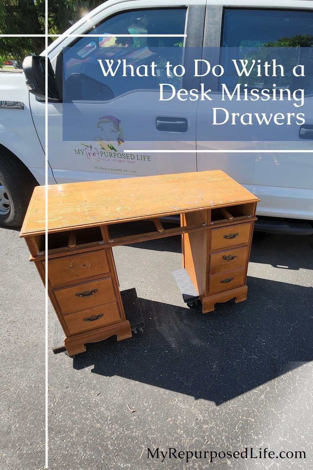 How to makeover a vintage desk with missing drawers. Tips for adding shelves, peek a boo drawers and more. A small desk is perfect for any room in the house. #MyRepurposedLife #desk #makeover #upcycle #missingdrawers #allinonepaint via @repurposedlife