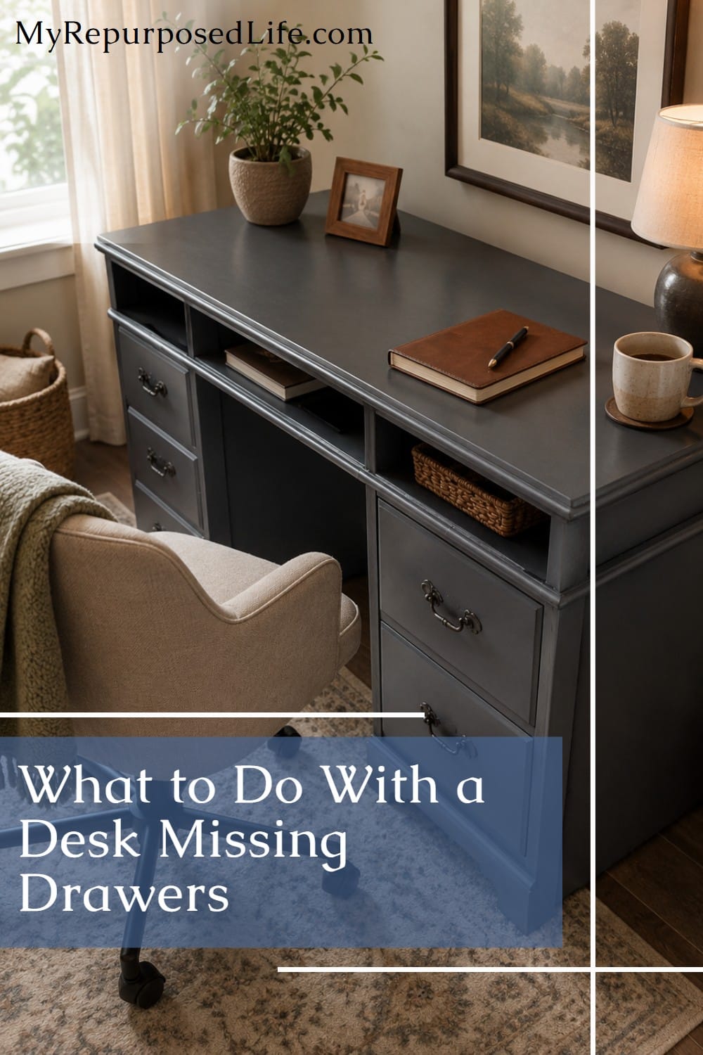 How to makeover a vintage desk with missing drawers. Tips for adding shelves, peek a boo drawers and more. A small desk is perfect for any room in the house. #MyRepurposedLife #desk #makeover #upcycle #missingdrawers #allinonepaint via @repurposedlife
