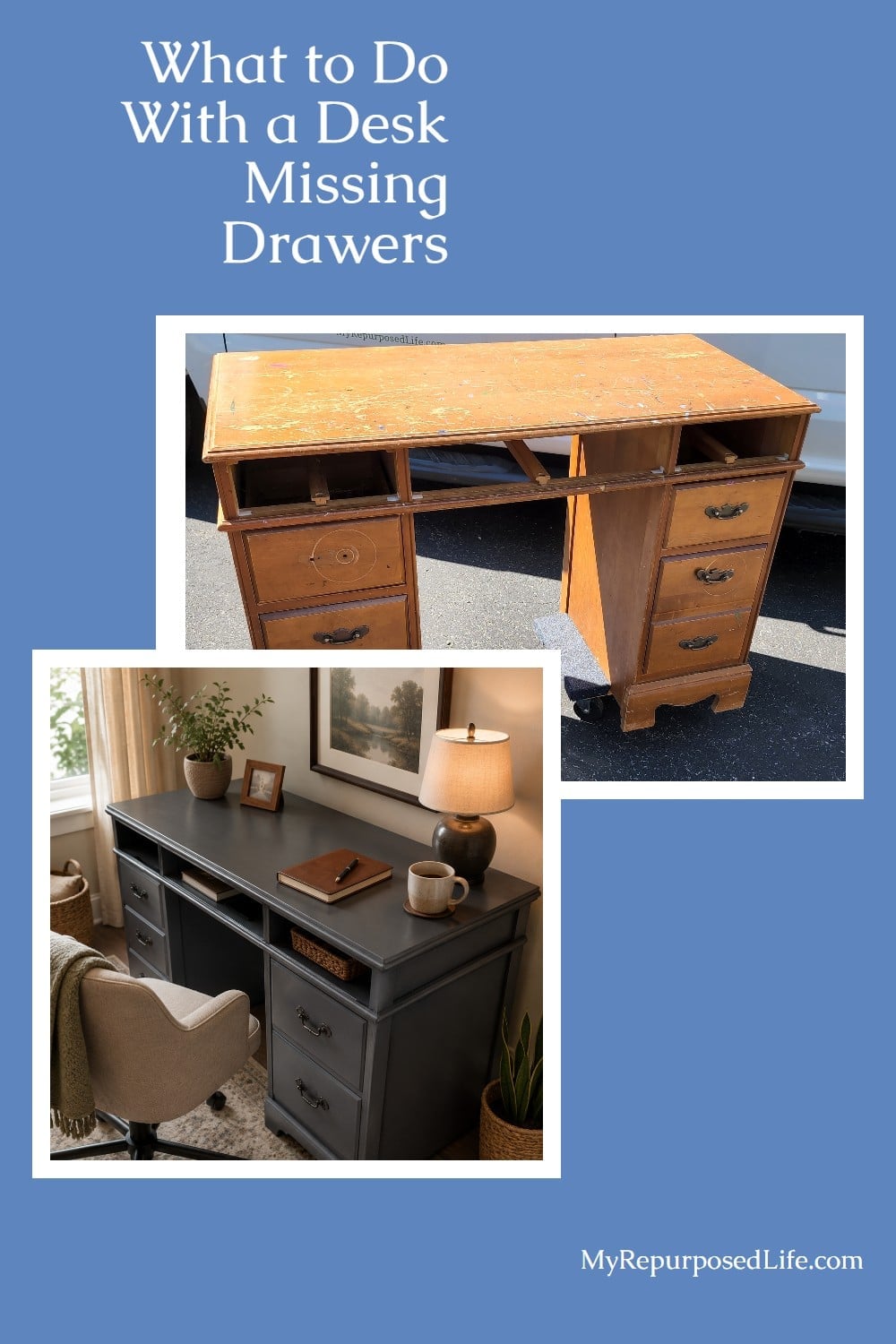How to makeover a vintage desk with missing drawers. Tips for adding shelves, peek a boo drawers and more. A small desk is perfect for any room in the house. #MyRepurposedLife #desk #makeover #upcycle #missingdrawers #allinonepaint via @repurposedlife