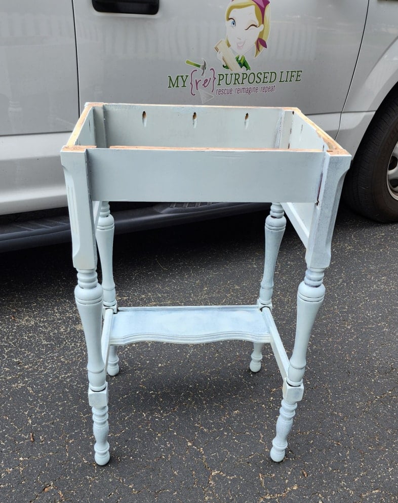 ugly first coat of paint kitchen prep station made from a sewing cabinet