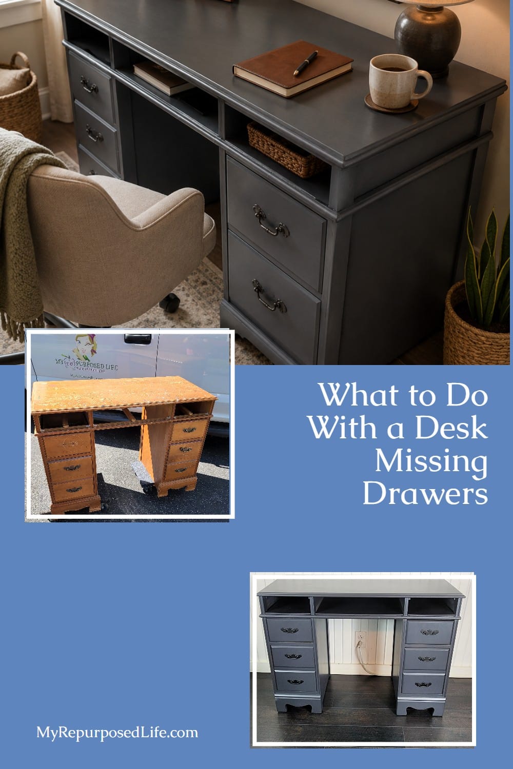 How to makeover a vintage desk with missing drawers. Tips for adding shelves, peek a boo drawers and more. A small desk is perfect for any room in the house. #MyRepurposedLife #desk #makeover #upcycle #missingdrawers #allinonepaint via @repurposedlife