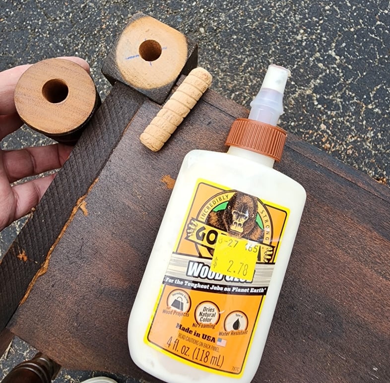 wood glue-furniture dowel to add height to sewing cabinet