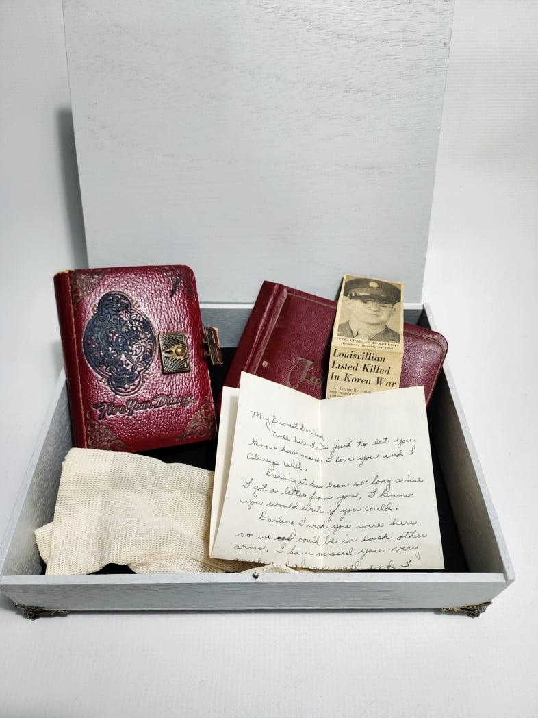 wooden keepsake box with vintage diary-love letter