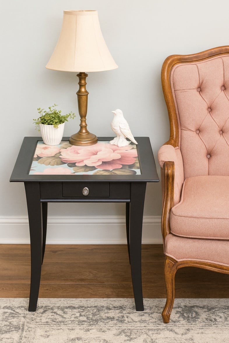 decoupage table sitting next to a vintage chair