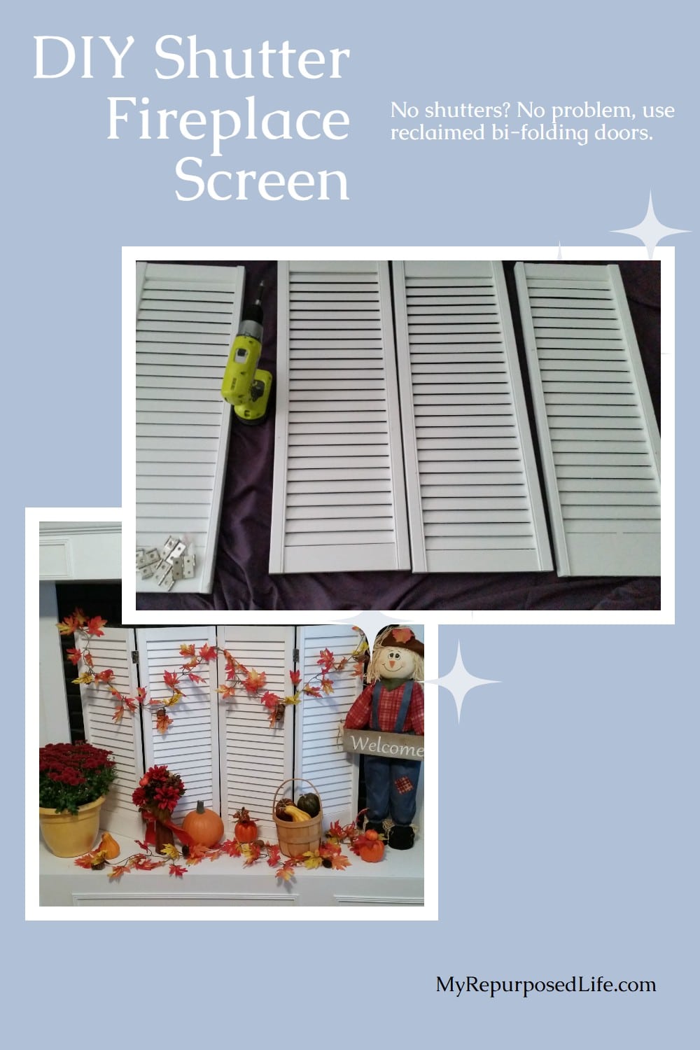 How to make a shutter DIY fireplace screen out of some old bi-folding doors. Don't have shutters? no problem! Bi-folding doors work great for shutter projects. #MyRepurposedLife #repurposed #upcycle #shutter #fireplace #screen #diy #project via @repurposedlife