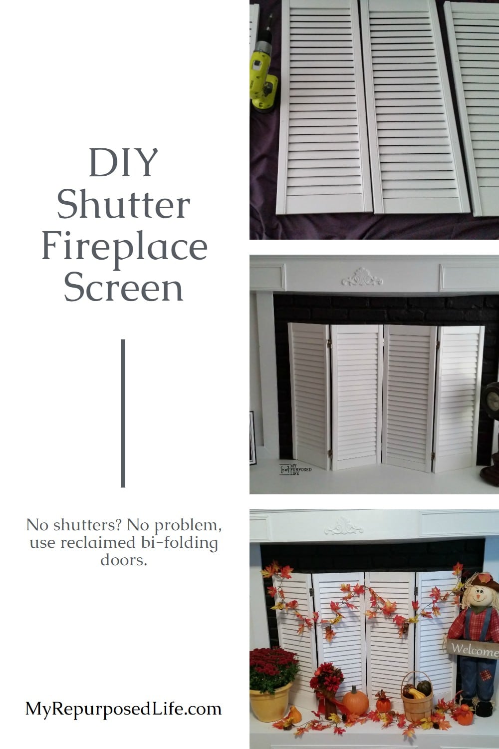 How to make a shutter DIY fireplace screen out of some old bi-folding doors. Don't have shutters? no problem! Bi-folding doors work great for shutter projects. #MyRepurposedLife #repurposed #upcycle #shutter #fireplace #screen #diy #project via @repurposedlife