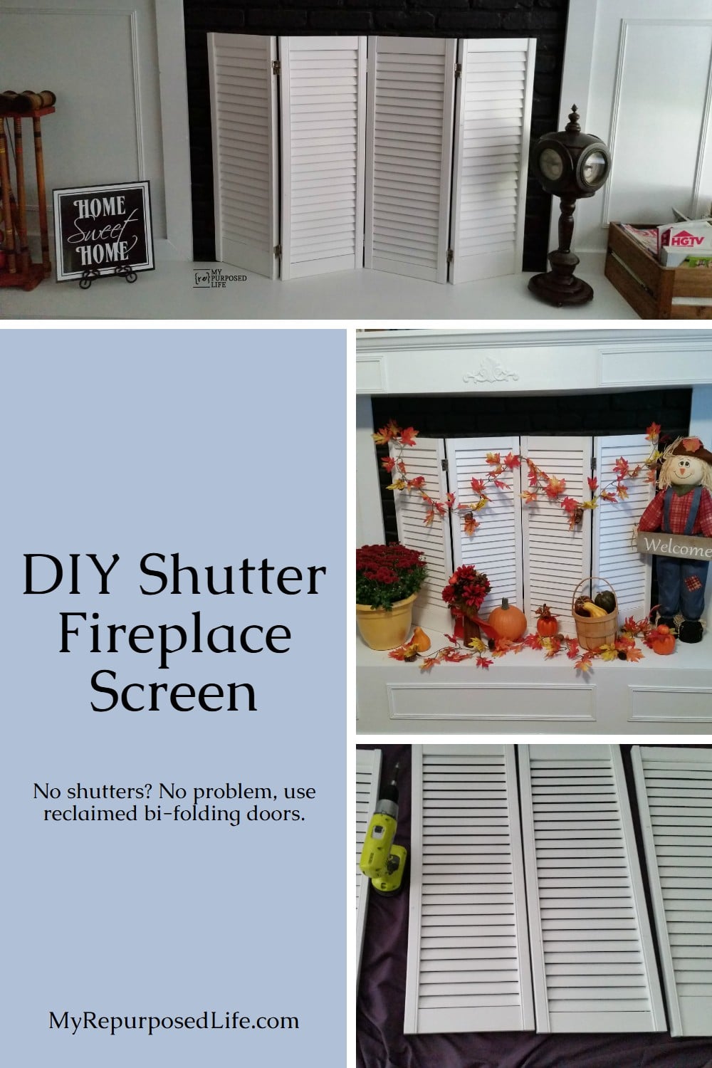 How to make a shutter DIY fireplace screen out of some old bi-folding doors. Don't have shutters? no problem! Bi-folding doors work great for shutter projects. #MyRepurposedLife #repurposed #upcycle #shutter #fireplace #screen #diy #project via @repurposedlife